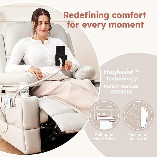 Triple Motor Power Swivel Rocker Recliner Chair with Adjustable Armrests for Adults Elderly, FSC Certified Faux Leather Rocking Chair Nursery for Breastfeeding(White)