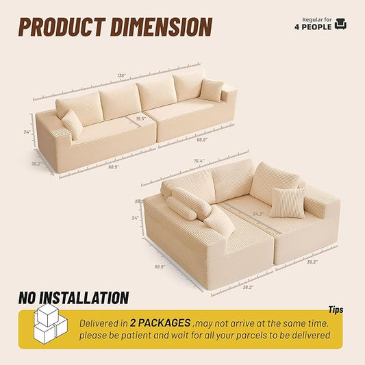 Chaise Lounge Chair, Sleeper Couches, Boneless Couch for Living Room and Bedroom, Corduroy, White