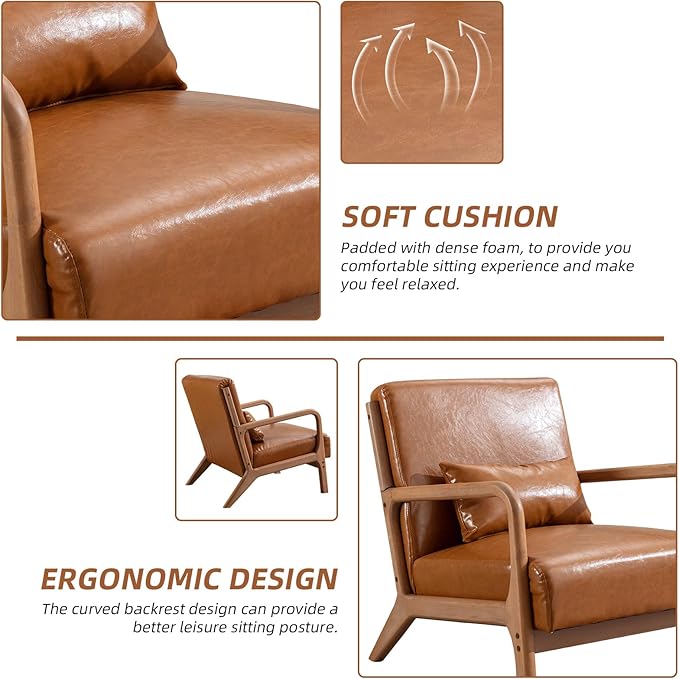 Accent Chair Mid Century Modern Chair PU Leather Living Room Chairs with Solid Wood Frame Comfy Upholstered and Lumbar Pillow Reading Side Chair Easy Assembly for Living Room Set of 2, PU Brown
