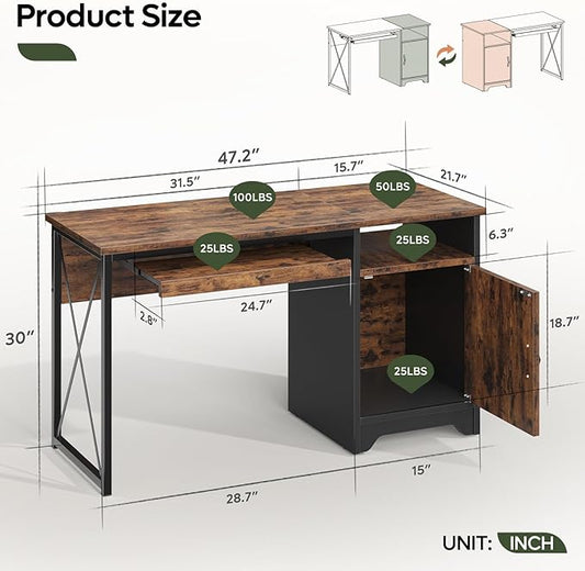 Bestier Office Desk with Keyboard Tray, 47 inch Industrial Computer Desk with Storage, Reversible Executive Desk with File Cabinet for Home Office Bedroom, Rustic Brown