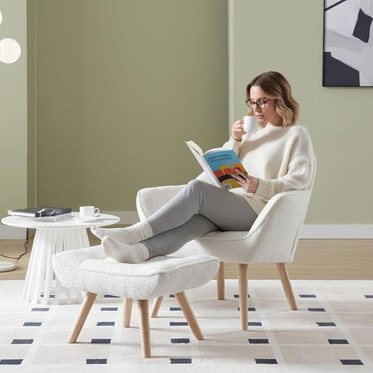 Small Accent Chair with Ottoman, Sherpa Upholstered Lounge Chair with Footrest, Comfy Reading Armchair with Wood Legs for Living Room Bedroom, White