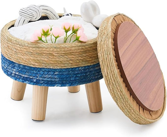 Cpintltr Storage Ottoman Poufs Handwoven Footstool Natural Seagrass Round Footrest Stool with 4 Wood Legs Soft Padded Outdoor Seat for Hallway Lounge Bedroom Garden
