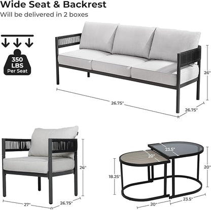 Grand patio 5-Piece Outdoor Furniture Set, 5 Seats Wicker Sofa Conversation Set with 3-Seat Couch, Thick Cushions and Coffee Table, for Backyard, Balcony, Garden (Beige)