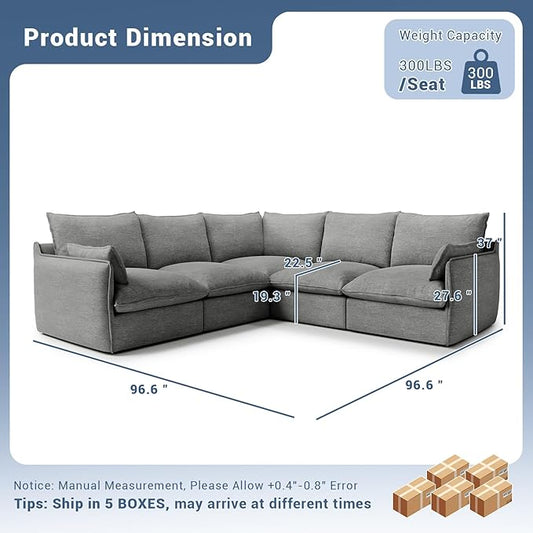 Cloud Modular Sectional Sofa, Waterproof Down Filled Sectional Sofas, High Backrest V Shaped 5 Seater Sectional Couches for Living Room, Modern Modular Couch with Removable Cover, Dark Gray