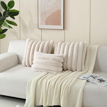 FUTEI Beige Decorative Throw Pillow Covers 12x20 Inch Set of 2, Square Soft Faux Rabbit Fur Thick Striped Lumbar Pillow Case,Winter Home Decor for Couch Bed Living Room