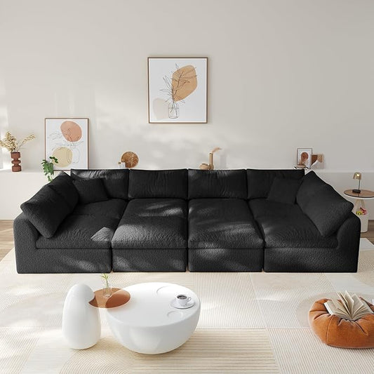 Boneless Cloud Couch Modular Sectional Sofa with Deep Seat for Living Room, L Shape Couch with Ottoman, Snowflake Cloth and 40D Memory Sponge，2 Throw Pillows (Black, 6 Seater+2 Ottoman)