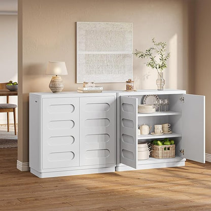 Buffet Cabinet Set of 2 with Storage, Arc Accent Sideboard with 2 Doors and Adjustable Shelves, Large Console Table for Dining Room, Kitchen, Living Room, White