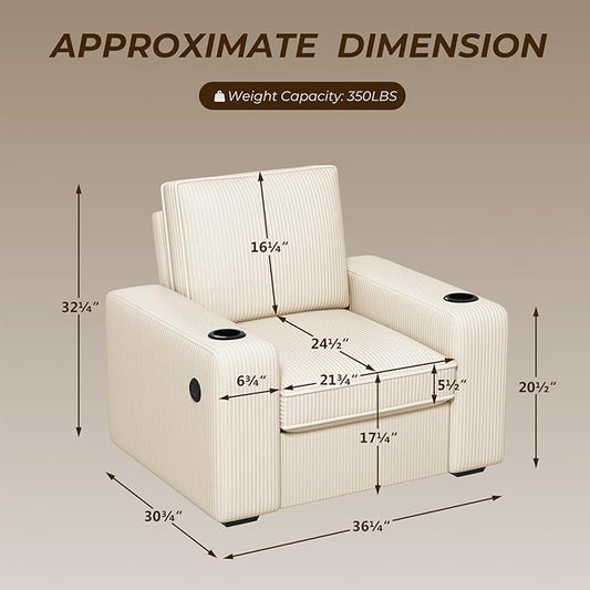 Furnimart 36" Wide Plush Accent Chair, Single Sofa with USB Charger & Cup Holder, Oversized Comfy Chair Tufted Corduroy Fabric, Ideal for Living Room, Bedroom, Apartment(Corduroy-Beige)