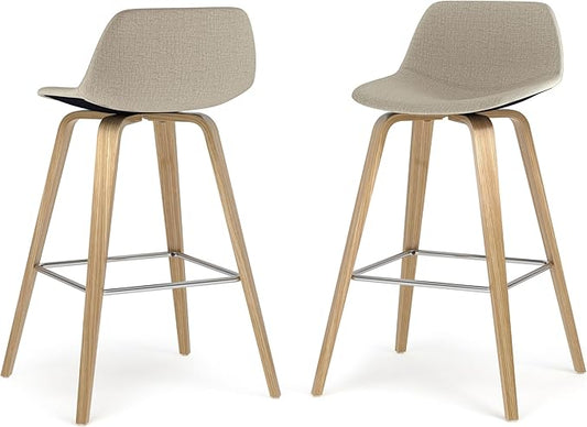 SIMPLIHOME Randolph Counter Stools (Set of 2) - 28 Inch Seat Height Upholstered Bentwood Kitchen Seats in Natural Polyester Linen Fabric, Mid Century Modern Seating with Curved Backrest and Footrest
