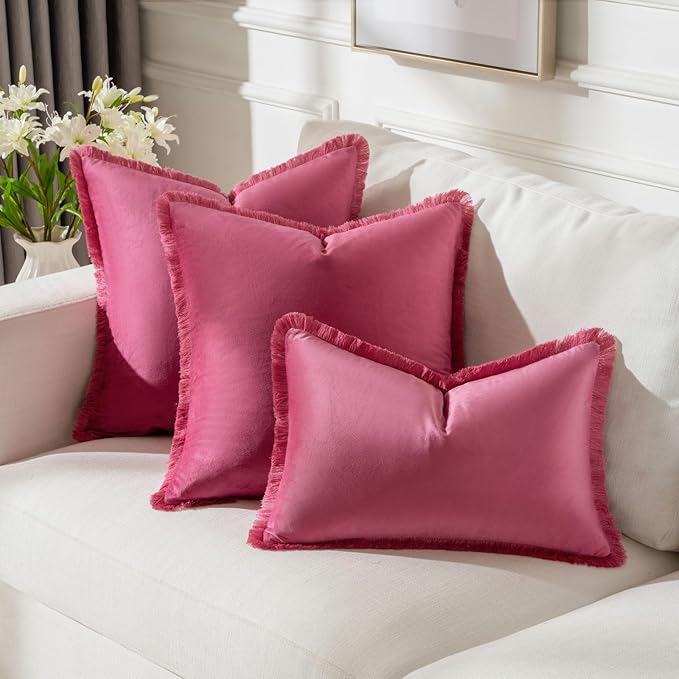 FUTEI Hot Pink Velvet Decorative Throw Pillow Covers 26x26 Set of 2,Soft Cozy Edge with Tassels Euro Pillow Shams,Boho Modern Home Decor for Couch Bed Living Room