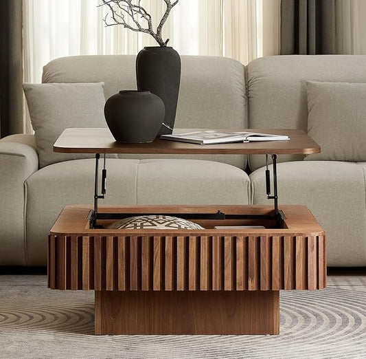Square Lift-top Coffee Table for Living Room, Fluted Coffee Tables with Hidden Storage, Solid Wood Veneered Modern Tea Center Table for Small Space Apartment (Walnut-35.43''D×14.57''H)