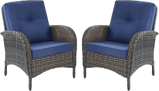 HUMMUH Outdoor Wicker Chairs Patio Dining Chairs Set of 2 with High Back and Deep Seat for Garden,Porch,Backyard,Balcony (Brown/Blue)