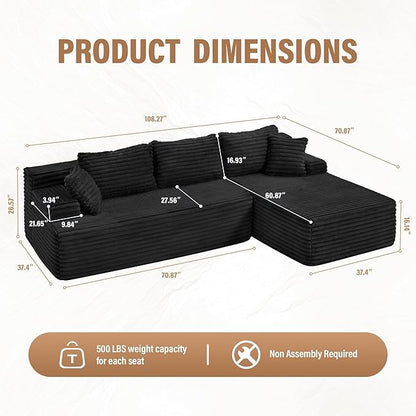 Hobestluk Modular Sectional Couch Sofa, 108" Boneless Couches for Living Room, Memory Foam Sectional Couch with Oversized Chaise,L-Shape Couches (Black, Right Facing)