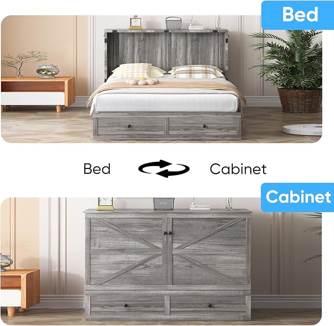 Mjkone Murphy Bed, Cabinet Murphy Bed with Tri-Fold Memory Foam Mattress, Farmhouse Wooden Cabinet Beds with USB Charging Station and 2 Storage Drawers for Bedroom/Office/Guest Room-Gray, Full