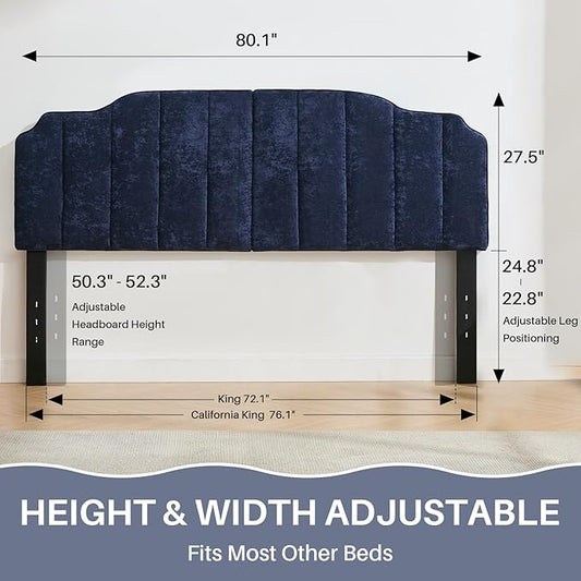 King Size Headboard Dark Blue Upholstered Headboard Adjustable Height&Width Chenille Headboards Modern Vertical Channel Design Bed Head Board, Dark Blue