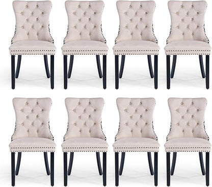 Velvet Upholstered Dining Chairs Set of 8, Modern Style Kitchen Side Chairs with Nailhead Trim and Wood Legs,Metal Pulling Ring for Dining Room Living Room(Quadrangular Star&Beige)