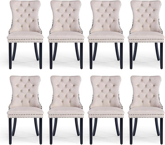 Velvet Upholstered Dining Chairs Set of 8, Modern Style Kitchen Side Chairs with Nailhead Trim and Wood Legs,Metal Pulling Ring for Dining Room Living Room(Quadrangular Star&Beige)