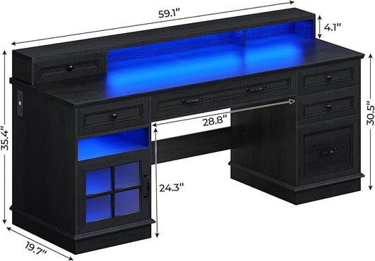 BTHFST 59.1" Executive Desk with File Drawer, Home Office Desk with Charging Station & LED Lights, Computer Desk with Drawers & Storage Cabinet, Executive Office Desk with Monitor Stand, Black