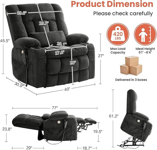 Power Lift Recliner Chair for Adults Oversized Infinite Position Lift Chair for Elderly W/Massage & Heat, Lay Flat Recliner, One-Touch Reset, Cup Holders, Lumbar Pillow, Fabric (Premium, Light Grey)