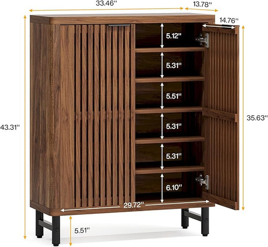 Tribesigns 6-Tier Farmhouse Shoe Cabinet with Shutter Doors, Wooden Shoe Organizer Rack with Adjustable Shelves, Modern Large Hidden Storage Furniture for Entryway, Hallway (Black&Brown)