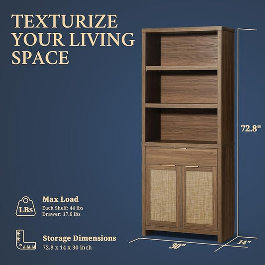 Hampstead Bookcase, Rattan Bookcase with Doors Cabinet and Drawer, 5-Tier Bookshelf, Large Wooden Book Case, Tall Bookshelves for Library Living Room (Special Walnut, 1 Piece)