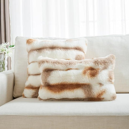 FUTEI Brown White Decorative Throw Pillow Covers 26x26 Inch Set of 2,Soft Fuzzy Faux Rabbit Fur Euro Pillow Shams with Raised Texture,Neutral Boho Home Decor for Couch Bed Living Room