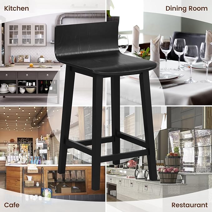 COSTWAY Solid Wood Bar Stools Set of 4, 24.5-inch Counter Height Chairs with Low Back and Footrest, Farmhouse Wooden Armless barstools for Kitchen Island, Dining Room, Cafe, Breakfast, Black