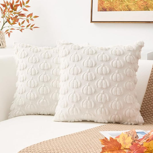 Kevin Textile Fall Pumpkins Pillow Covers 18x18 Inch Set of 2 Cute Autumn Decorative Square Pillowcases Soft Faux Fur Cushions Harvest Gift for Couch Sofa Chair Bedroom Home Decor, Cream White