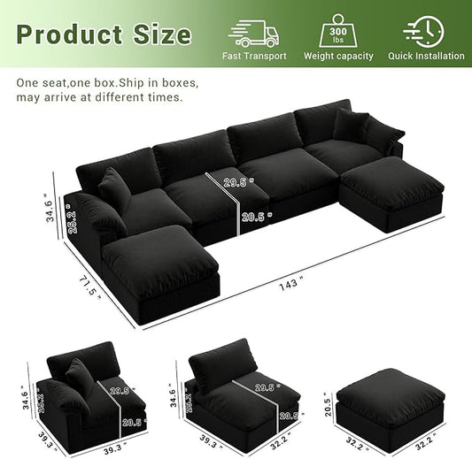 Modular Sectional Sofa,Extra Comfty Deep-Seat-Filled Couch,Black 6 Seat U Shape Sofas with Movable Ottoman,Modern Couches for Living Room, Apartment, Office,Small Space