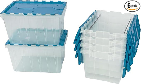 Akro-Mils KeepBox 12 Gallon Storage Container, Nesting and Stackable Plastic Storage Box with Lid Attached and Rails for Letter Size Hanging File Folders, 21" x 15" x 12", Clear/Blue, 6-Pack