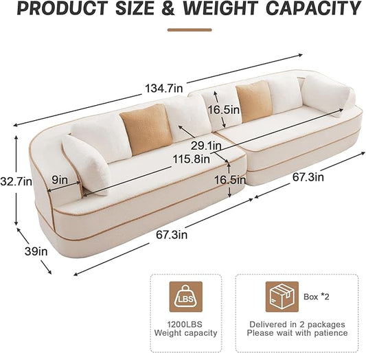 Cloud Sectional Sofa Modern Boneless Couch for Living Room, Comfy Deep Seat Comfy Teddy Fabric Double Sofa Chaise No Assembly Required (White, 135"- 4 Seater)