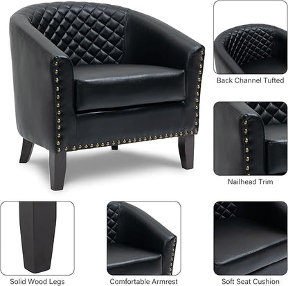 Pia Ricco Faux Leather Barrel Chairs Set of 2, Modern Comfy Accent Chairs, Upholstered Armchair Club Chairs with Nailhead Trim, Single Sofa Barrel Chair for Living Room Reading Room, Black
