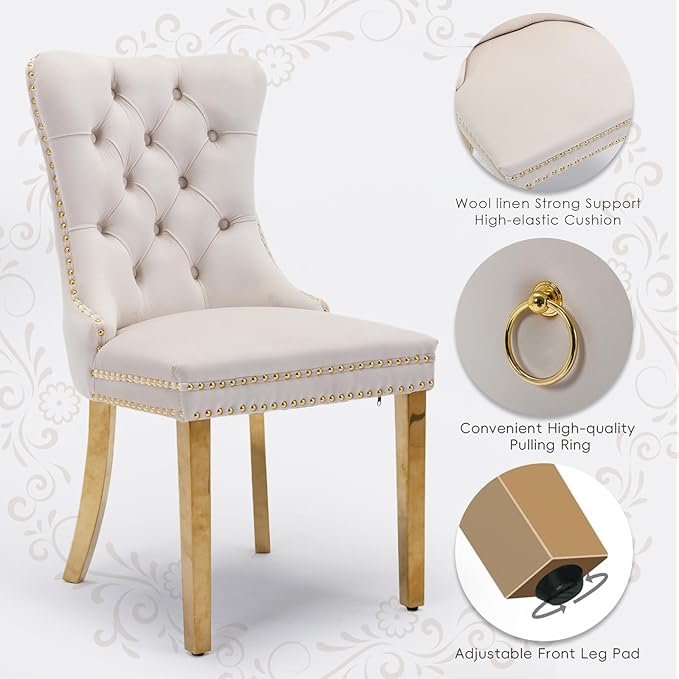 Velvet Upholstered Dining Chairs Set of 4, Modern Style Kitchen Side Chairs with Nailhead Trim and Gold Plated Leg, Metal Pulling Ring for Dining Room Living Room(Beige-Gold Plated Leg)