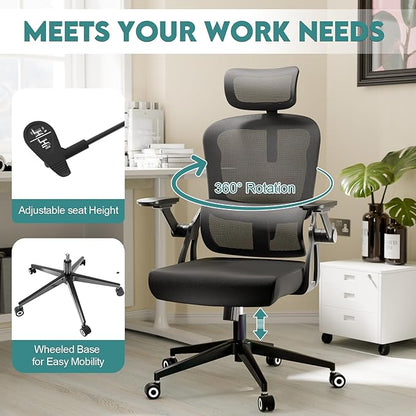 Ergonomic Office Chair - 400LB Comfy Desk Chairs with Adjustable Headrest and Lumbar Back Support, Mesh Computer Chairs with Wheels and Arms for Home Office, Study, Bedroom and Dorm (05black)