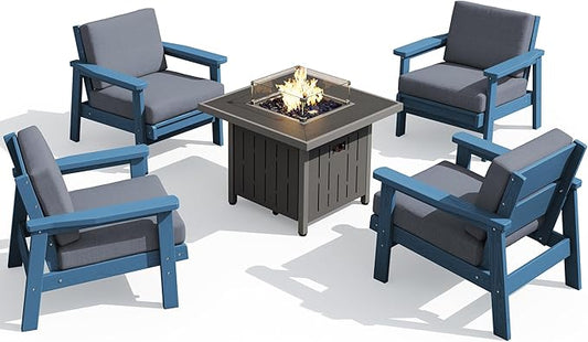 SERWALL Patio Furniture Set with 33” Fire Pit Table, HDPE Outdoor Sectional Sofa Set with Thickened Cushions, Blue Frame with Grey Cushions