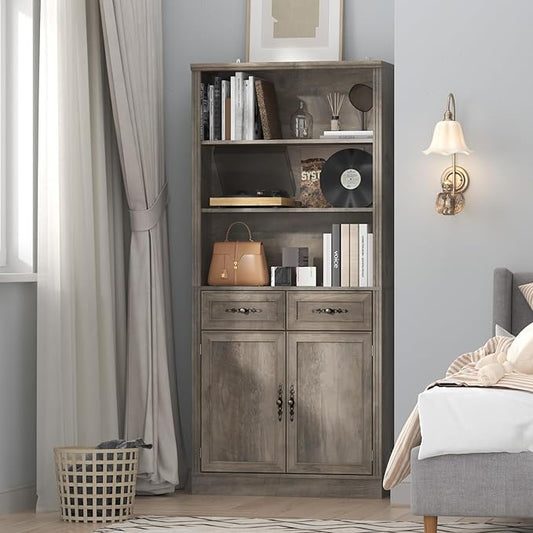 72'' Tall Bookcase with Doors and Drawers, Adjustable Shelves, P2 MDF Construction, 32'' Wide Freestanding Cabinet with Metal Handles, Hidden Storage for Living Room, Bedroom, Grey