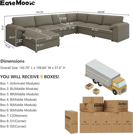 EASE MOOSE Faux Leather Sectional with Ottoman, Oversized Modular Couch, Modular Sectional Sofa with Deep Seat, Scratch Resistant Faux Leather Material, U Shaped Couch for Big Spaces, Light Grey