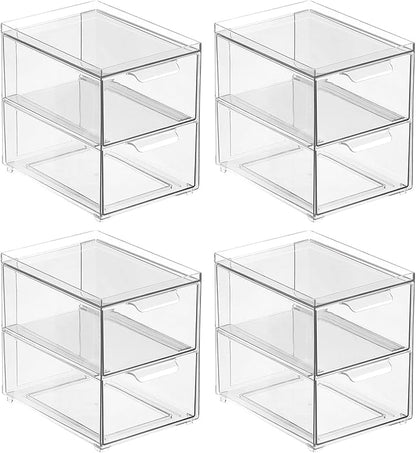 mDesign Stackable Storage Containers Box with 2 Pull-Out Drawers - Stacking Plastic Drawer Bins for Master or Guest Bathroom, Linen Closet, Vanity, Makeup Table Lumiere Collection 4 Pack, Clear