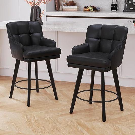 360°Swivel Counter Height Bar Stools with Back, 26 inch Solid Wood Legs, Bar Stool Modern Kitchen Island Chairs, Faux Leather (Black- Faux Leather, 26" H- Set of 2)