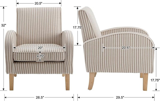 Striped Accent Chair for Living Room, Farmhouse Linen Upholstered Striped Arm Chair Seat Reading Chairs Bedroom Side Seating for Home Office, Beige with Stripe