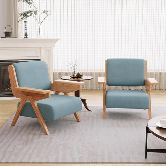 Mid Century Modern Accent Chair Set of 2, Fabric Upholstered Lounge Arm Chairs with Solid Wood Frame for Living Room, Bedroom, Office, Reading Corner (Blue)
