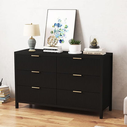 Fluted 6 Drawer TV Stand Dresser for Bedroom, Mid Century Modern Dresser with Drawers, Storage Organizer with 6 Drawers, Fluted Cabinet for Closet Cloth, Living Room, Entryway -Black