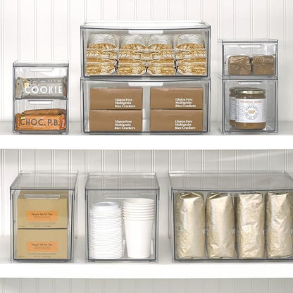 mDesign Stackable Storage Containers Box with 2 Pull-Out Drawers - Stacking Plastic Drawer Bins for Master or Guest Bathroom, Linen Closet, Vanity, or Makeup Table - Lumiere Collection - 8 Pack, Clear