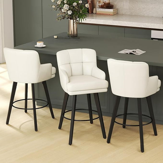 360°Swivel Counter Height Bar Stools with Back, 30 inch Solid Wood Legs, Bar Stool Modern Kitchen Island Chairs, Faux Leather (Beige- Faux Leather, 30" H- Set of 3)