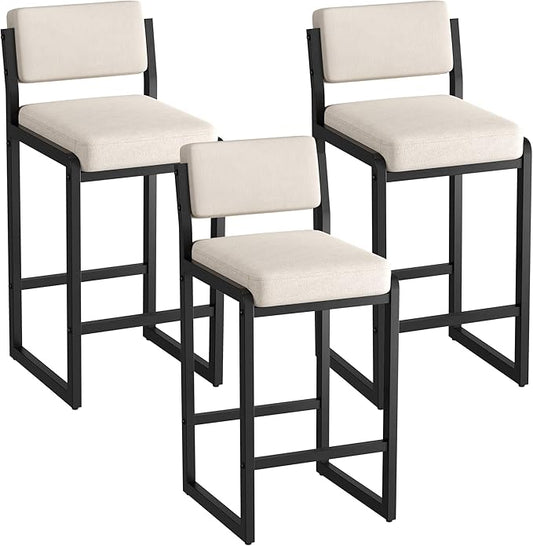 Bar Stools Set of 3, Fabric Counter Height Bar Stools with High Back and Metal Legs, Upholstered Bar Chairs, 26 in Height Modern Barstools for Kitchen Island, Camel