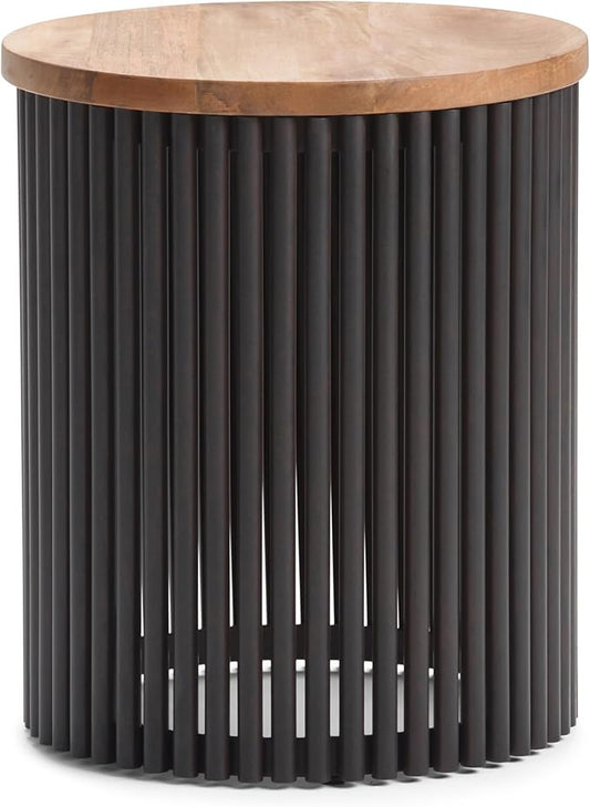 SIMPLIHOME Demy Metal and Wood Accent Table - 18 inch Wide Solid Metal Round End Table in Natural and Black, Industrial Side Table or Coffee Table for Living Room with Compact Design, Assembled