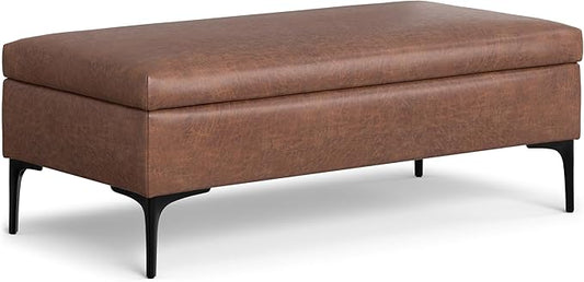 SIMPLIHOME Rebecca 48 inch Wide Mid Century Modern Rectangle Large Coffee Table Storage Ottoman with Lift up Lid in Distressed Saddle Brown Faux Leather for The Living Room, Entryway and Family Room