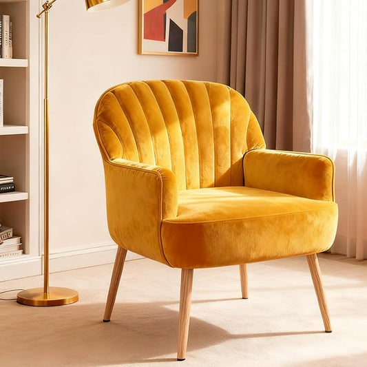 Velvet Accent Chair, Mid Century Modern Accent Chairs for Living Room, Comfy Upholstered Armchair with Metal Legs for Bedroom/Apartment/Office/Waiting Room, Yellow