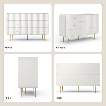 HLR White Dresser for Bedroom,48'' Wide Wood Chests of Drawers,Modern Fluted 6 Drawer Dresser with Gold Metal Handles,Clothes Deep Drawer Dressers Storage for Living Room,Hallway