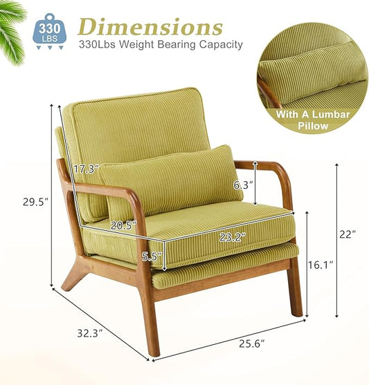 VINGLI Upgraded Premium Corduroy Accent Chairs Set of 2,Upholstered Arm Chair,Solid Wood Comfy Reading Chair with Pillow, Mid Century Modern Chairs for Living Room,Bedroom,Green